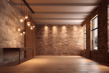 Photo realistic generic empty interior design with a light brown stone brick wall is appropriate for use as a virtual backdrop and in video conferences - obrazy, fototapety, plakaty