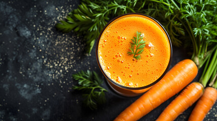 Freshly squeezed carrot juice on a beautiful background with elements of carrots and green stalks.dark background copy space.  generative ai - obrazy, fototapety, plakaty