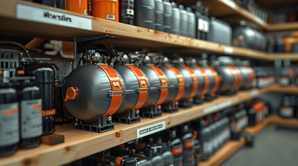Showcase in shop of new air compressors