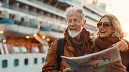 Fototapeta premium Cheerful senior couple with map, prepared to travel on vacation cruise exploring together.