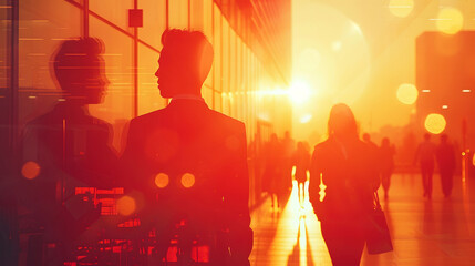 Corporate silhouettes against a sunset backdrop in an urban setting.