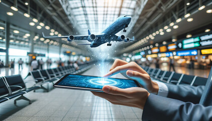Holographic Plane Above tablet at Airport - obrazy, fototapety, plakaty