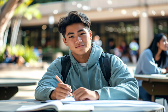 Fototapeta A good looking college student sits at a table with a book and pen in hand studying outside