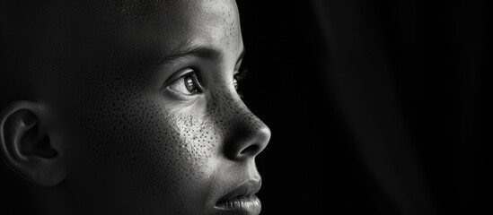 A black and white portrayal of a young boy captured in a moment of stillness and innocence. The boys features are highlighted against the contrasting background, drawing attention to his youthful - obrazy, fototapety, plakaty