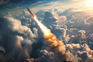 A dramatic scene of a combat rocket soaring high above the clouds capturing the intensity of a missile attack The image conveys the urgency and power of an air strike in a war scenario