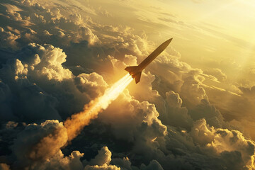 A dramatic scene of a combat rocket soaring high above the clouds capturing the intensity of a missile attack The image conveys the urgency and power of an air strike in a war scenario - obrazy, fototapety, plakaty