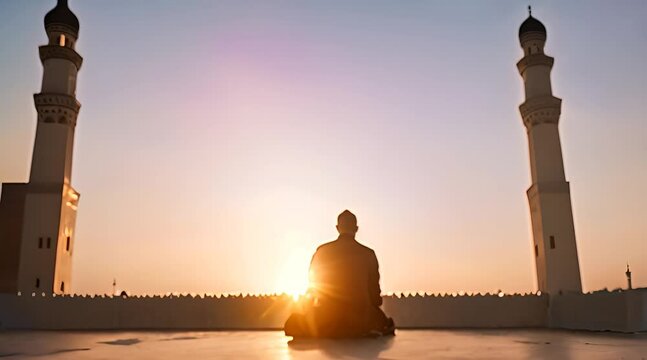 A silhouette scene of a Muslim man sitting in prayer with the sunrise in the background