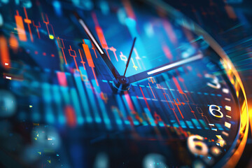 Clock face merging with a stock market chart symbolizing the critical timing in financial markets - obrazy, fototapety, plakaty