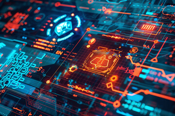 Conceptual image of a web interface showing icons for malware and hacking alerts