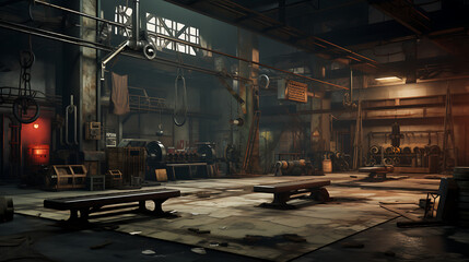 A gym interior with a post-apocalyptic theme, featuring industrial equipment and dystopian decor.