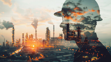 Focused engineer with oil and gas refinery background in a double exposure highlighting industry expertise - obrazy, fototapety, plakaty