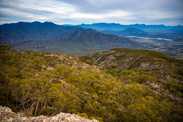 Naklejka premium panorama of mountains in mount barney national park as seen from the top of mount maroon; unique ladscape of south east queensland near brisbane and gold coast