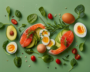 Salmon avocado and eggs arranged artistically for a keto diet concept on a vibrant green backdrop