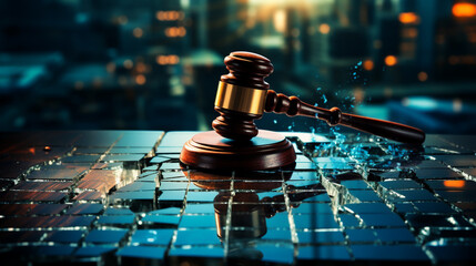 A digitally fragmented judges gavel shattered on a sleek table symbolizing a judicial system disrupted by technological flaws Style Digital Decay