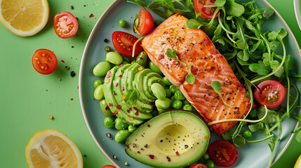 Top view of a ketofocused meal with salmon and avocado set on a lively green background for a healthful appeal