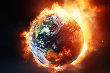 Earth engulfed in flames representing global warming threat. Global Warming Catastrophe Concept