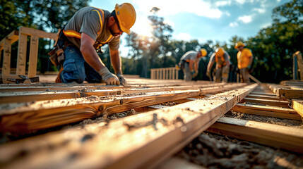 group of carpenteers working on a woodframe house building - obrazy, fototapety, plakaty