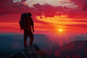 The mountaineer is on the summit contemplating the landscape. man standing on top of a mountain with a backpack on his back and a sunset in the background behind him, with a red sky and orange clouds  - obrazy, fototapety, plakaty