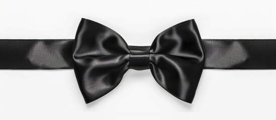 A black bow tie elegantly displayed against a clean white background. The bow tie is neatly tied, showcasing its intricate design and smooth texture.