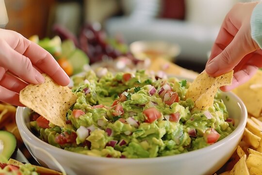 Close up image of People hands holding Mexican tortilla chips and guacamole