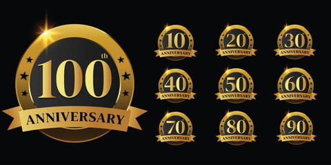set of golden anniversary logo,Vector golden numbers. 10, 20, 30, 40, 50, 60, 7,0 80, 90, 100, logo design. vector illustration