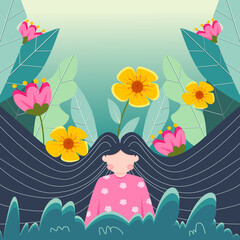Illustration of young girl on floral background with copy space for Happy Women's Day celebration on 8 march. Perfect for social media flyer design.
