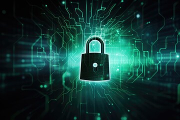 A holographic padlock with cybernetic circuitry emanating light.