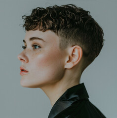 Fototapeta premium androgynous person with very short curly bowl haircut, shaved on back and side