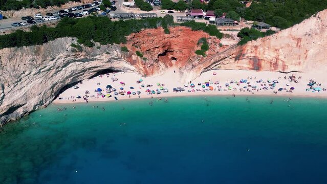 Aerial view of famous beach with turquoise azure sea water, cliffs and colorful lanscape in Greek island Lefkada
