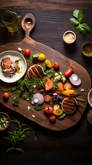 Fototapeta na wymiar Artistic Food Photography: Vibrant Gourmet Dish with Natural Lighting and Rustic Backdrop