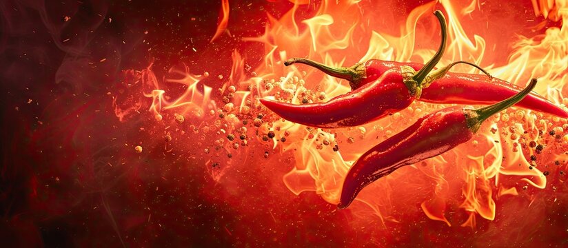 Two fiery red chili peppers ablaze on a black background, emitting flames that dance around them creating a sizzling spectacle.