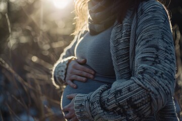 A close up of a pregnant woman cradling her belly with gentle hands against a backdrop of soft natural light embodying the beauty of motherhood - obrazy, fototapety, plakaty