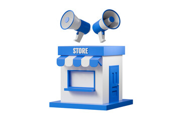 3d Minimal cartoon blue shop store building with megaphone icon symbol. Online shopping ecommerce concept. business marketing investment. On isolated purple background. 3d rendering illustration.