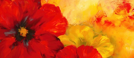 A closeup painting featuring vibrant red and yellow flowers set against a bright yellow background. The flowers stand out with their bold colors and intricate details, creating a striking visual