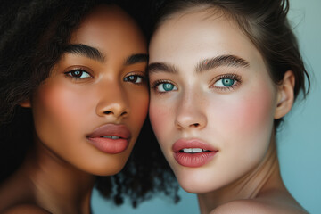 Close-up of the faces of two beautiful models. One white and one black