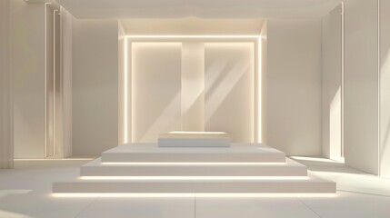 A geometric white podium set against a crisp white backdrop with dynamic lighting accents designed to draw attention to exclusive jewelry pieces