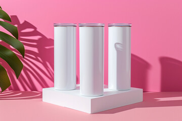 Close-up of three white color 20oz Straight Skinny Tumbler includes lid with a Pink Display background, Tumbler Mockup