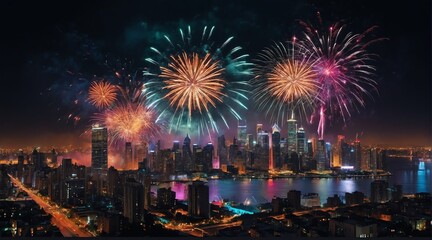 Fototapeta premium Beautiful colorful fireworks display on bright busy city from Generative AI