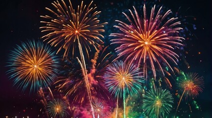 Beautiful colorful fireworks display with bokeh abstract holiday celebration background from Generative AI