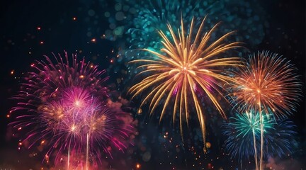 Beautiful fireworks display with bokeh abstract holiday celebration background from Generative AI