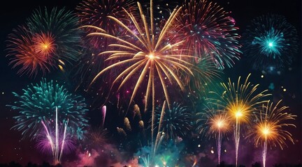 Fototapeta premium Beautiful fireworks display with bokeh abstract holiday celebration background from Generative AI
