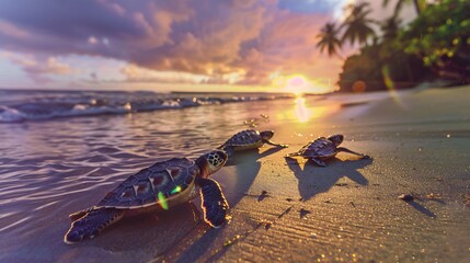 A joyful portrayal of baby sea turtles their tiny brightly colored bodies making their first journey to the sea under a rainbow filled sky - obrazy, fototapety, plakaty