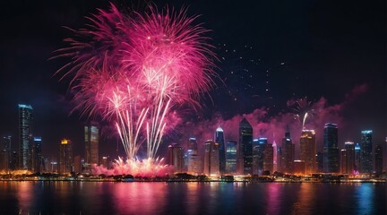Beautiful pink fireworks display on bright busy city skyline background at night background from Generative AI