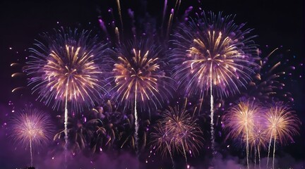 Fototapeta premium Beautiful purple fireworks display with bokeh abstract holiday celebration background from Generative AI