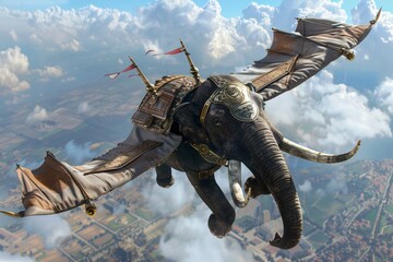 A majestic 3D scene of an ancient armored elephant flying over historic battlefields a guardian of the skies watching over the land below