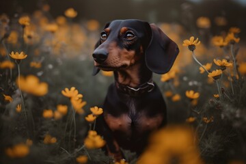 cute dachshund surrounded by a field of flowers