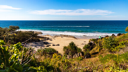 panorama of froggy beach as seen from point danger cliffs; unique shore of gold coast, queensland, australia