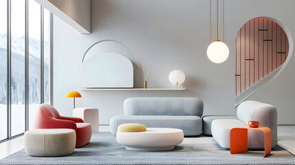 Fototapeta na wymiar Contemporary Living Room Interior with Comfortable Furniture and Elegant Decor