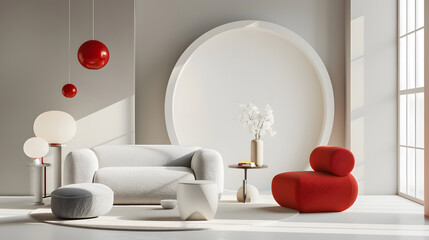 Modern living room interior with white sofa, red armchair and coffee table.