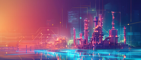 Futuristic Concept of oil and gas industry. background with hologram of factory.